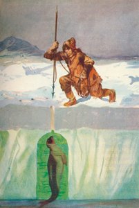 Inuit che sta per arpionare una foca attraverso il suo foro di respirazione, c. 1927 da Henry Evison