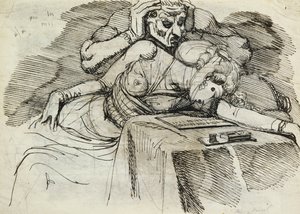 Una Donna Svenuta a un Tavolo da Scrittura, con una Figura Minacciosa Dietro