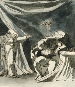 Una vecchia che indossa un rosario maledice un uomo seduto; forse la regina Margherita che maledice il duca di Gloucester da Johann Heinrich Füssli