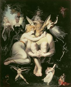 Titania si sveglia, circondata da fate assistenti, abbracciando rapita Bottom, ancora con la testa d
