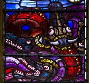 Yeovil, San Giovanni Battista, Lowndes & Drury, Henry Holiday, I draghi (dettaglio), 1917-18 da Henry Holiday