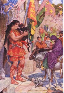 Flibbertibbet vestito da diavolo pacifica il gigante quando Wayland porta Amy al Castello di Kenilworth, illustrazione da Kenilworth, c.1910 da Henry Justice Ford
