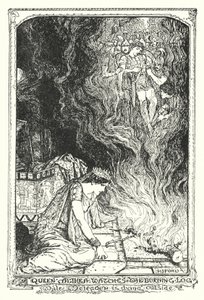 La regina Althea osserva il ceppo ardente mentre Meleagro muore fuori (litografia) da Henry Justice Ford