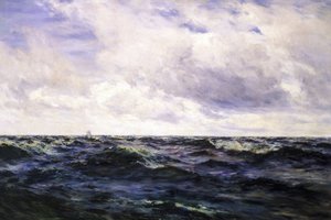 Paesaggio marino, con un segno di barca a sinistra e un cutter rappresentato nel mezzo di una gara a destra, entrambi rappresentati a grande distanza da Henry Moore