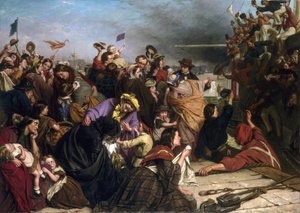 Addio degli immigrati, su un molo nel Tamigi (Inghilterra), descrizione di gruppi di persone di tutte le età e classi sociali, così come i marinai in camicie rosse e blu sulla barca che salutano la folla da Henry Nelson O
