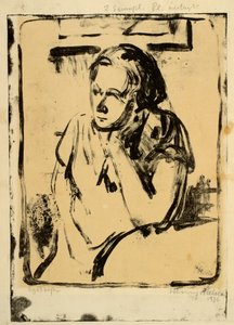 Donna seduta al tavolo rotondo con la mano sotto il mento da Henry Nielsen