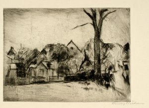 Paesaggio con albero alto e case da Henry Nielsen