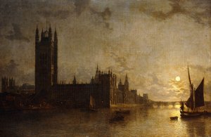 Abbazia di Westminster, le case del Parlamento con la costruzione del ponte di Westminster, 1859