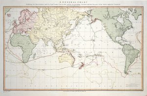 Carta generale che mostra le scoperte fatte dal Capitano James Cook nei suoi tre viaggi con le rotte delle navi sotto il suo comando. Di Tenente Roberts della Marina di Sua Maestà da Henry Roberts