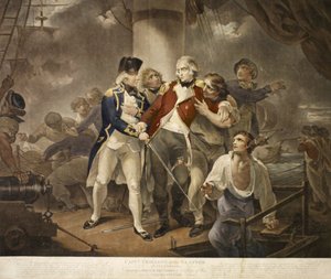 Cap. Trollope nella Glatton di 54 Caronade che Ingaggia uno Squadrone Francese di 8 Navi da Guerra con 230 Cannoni, inciso da James Daniell, 1797 da Henry Singleton
