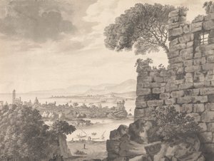Paesaggio con rovine in primo piano, porto e villaggio sullo sfondo da Henry Swinburne
