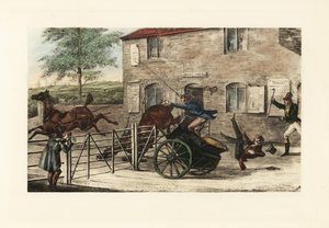 Gentiluomini inglesi in una carrozza a due cavalli che cercano di saltare un cancello a pedaggio da Henry Thomas Alken