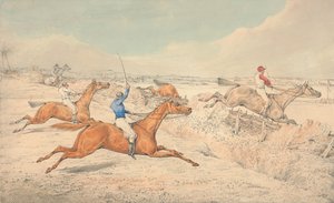 Steeplechase: quattro fantini affrontano un fossato e un oxer da Henry Thomas Alken