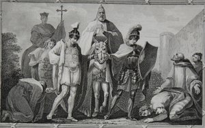 Enrico e Luigi che conducono il Papa al castello di Torci, inciso da Saunders, illustrazione da 