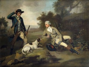 Un gentiluomo sdraiato con un fucile e un cane e il suo guardiacaccia in piedi vicino da Henry Walton