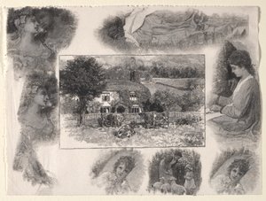 Paesaggio con cottage e mucche circondato da vari schizzi da Henry Wolf