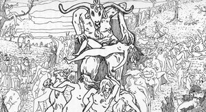 Rappresentazione di una scena di sabba assemblata da streghe presieduta da satana che dà origine a orge Disegno di Henry de Malvost da 