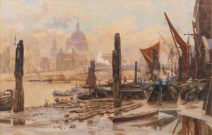 Barche ormeggiate sul Tamigi; St Pauls e il ponte di Blackfriars in lontananza da Herbert Menzies Marshall