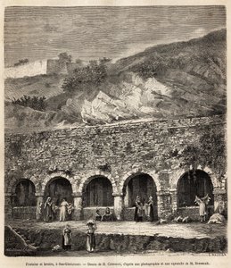 Donne alla fontana e ai lavatoi di San Gimignano (Toscana, Italia). Incisione dal disegno di H. Catenacci, per illustrare il viaggio in Toscana e Umbria, di Francis Wey, nel 1875, pubblicato in Le tour du monde, 1876, a cura di Edouard Charton da Hercule (after) Catenacci