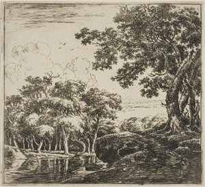 Tre grandi alberi su una collina, quinta lastra da Set di paesaggi da Herman Naijwincx
