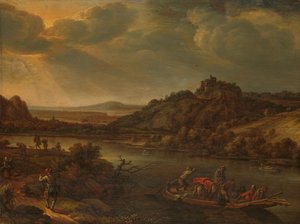 Vista del fiume con traghetto da Herman Saftleven