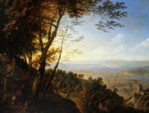 Paesaggio boscoso con contadini vicino a un cottage da Herman the Younger Saftleven