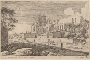 Paesaggio con rovine e donna con parasole da Herman van Swanevelt
