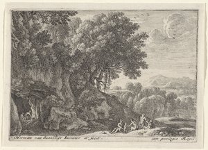 Satiri intorno al fuoco in una grotta (Landschappen met saters) da Herman van Swanevelt