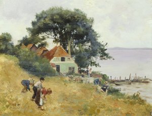 Bambini che raccolgono spighe vicino a un lago, c.1900-10 da Hermann Seeger