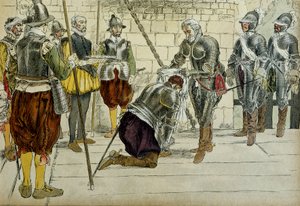 Carlo II di Cossé Brissac, fatto maresciallo di Francia da Enrico IV prima di entrare a Parigi il 22 marzo 1594. Il prevosto dei mercanti Jean Lhuillier (?) in piedi accanto tiene le chiavi della città. Illustrazione del 1907