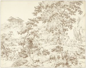 Paesaggio arcadico con donna che si lava i piedi da Hermanus Fock