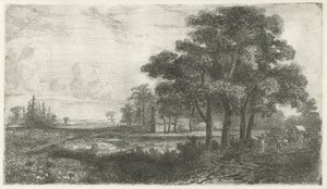 Paesaggio boscoso con carro coperto