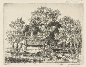 Paesaggio fluviale con una barca e anatre da Hermanus Jan Hendrik van Rijkelijkhuysen