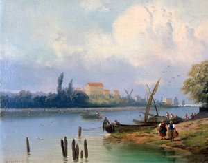 Persone vicino alle barche in Olanda, c. 1835-1882 da Hermanus Koekkoek