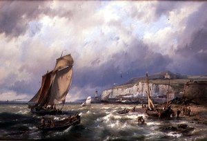 Imbarcazioni a vela e un traghetto al largo di Folkstone da Hermanus Koekkoek