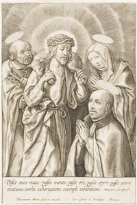 Ignazio di Loyola in ginocchio davanti a Cristo, alla Vergine e a san Pietro da Hieronymous Wierix