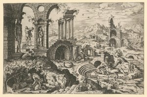 San Girolamo in un paesaggio di rovine da Hieronymus Cock