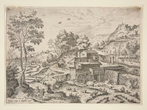 La fuga in Egitto, da Paesaggi con scene bibliche e mitologiche da Hieronymus Cock