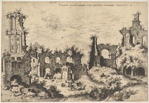Veduta delle rovine sul Colle Palatino con facciata trabeata a sinistra e arcate al centro, 1550 da Hieronymus Cock