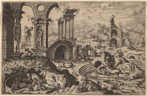 San Girolamo in un Paesaggio con Rovine da Hieronymus Cock after Maerten van Heemskerck