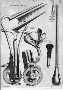 Ginecologia: Tavola che rappresenta uno speculum. Incisione di Girolamo Fabricii in "Opera Surgica", Padova da Hieronymus Fabricius ab Aquapendente