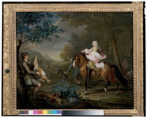 Un gentiluomo a cavallo con cacciatori in un ampio paesaggio da Hieronymus van der Mij