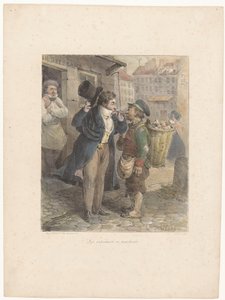 Gentiluomo ben vestito accende il suo sigaro alla pipa di un operaio in stracci (serie: Schizzi litografici)