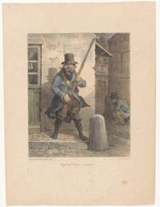 Militare chiama il caporale, che fa i suoi bisogni per strada (serie: Schizzi litografici) da Hippolyte Bellange