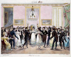 Ballo della società a Parigi al negozio di matite Conte, place du palais royal nel febbraio 1819 da Hippolyte Lecomte