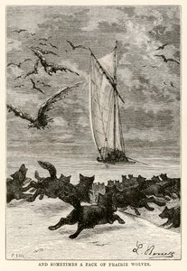 E a volte un branco di lupi della prateria, da Il giro del mondo in ottanta giorni di Jules Verne (1828-1905) inciso da Louis, 1873