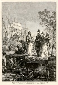 Il vostro onore cerca una nave?, da Il giro del mondo in ottanta giorni di Jules Verne (1828-1905) inciso da Louis Prevost, 1873 da Hippolyte Leon after Benett