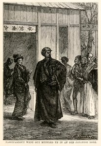 Passepartout uscì avvolto in una vecchia veste giapponese, da Il giro del mondo in ottanta giorni di Jules Verne (1828-1905) inciso da Louis Prevost, 1873 da Hippolyte Leon after Benett