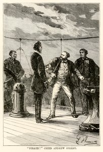Pirata! gridò Andrew Speedy, da Il giro del mondo in ottanta giorni di Jules Verne (1828-1905) inciso da Louis Dumont (n.1822), 1873