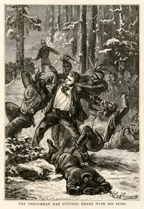 Il francese aveva stordito tre con i suoi pugni, da Il giro del mondo in ottanta giorni di Jules Verne (1828-1905) inciso da Henri-Théophile Hildebrand (1824-97), 1873 da Hippolyte Leon after Benett